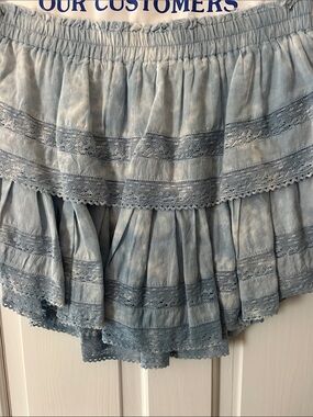 LoveShackFancy dusty blue tiered lace mini skirt size large